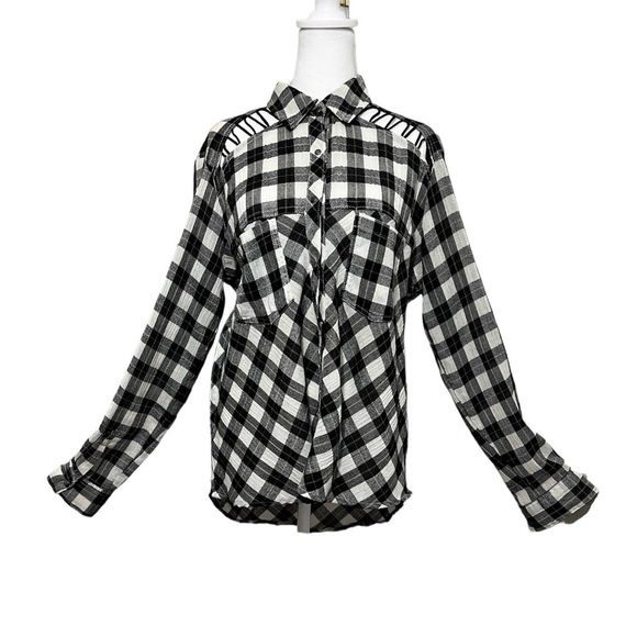 Free People Tops - Free People Button Down Flannel Womens S Black White Plaid Long-sleeve Soft Cut